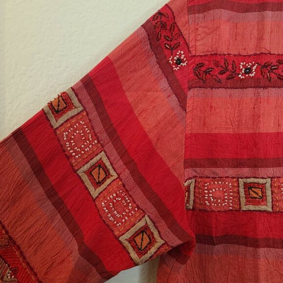 Chico's Design Shirt Womens Medium Red Silk Embroidered Beaded Button Up Casual - Picture 4 of 12